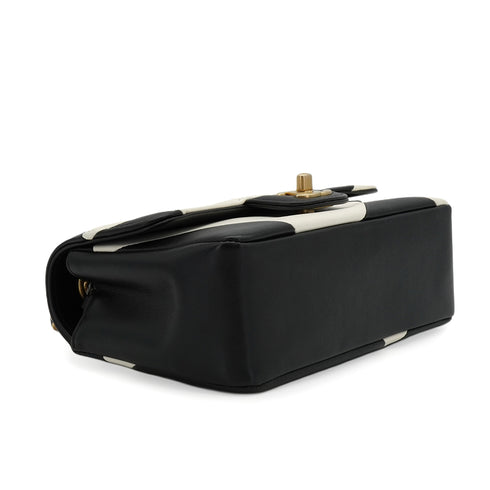CHANEL TURNLOCK SHOULDER BAG BLACK WHITE LAMB SKIN GOLD HARDWARE 90343617