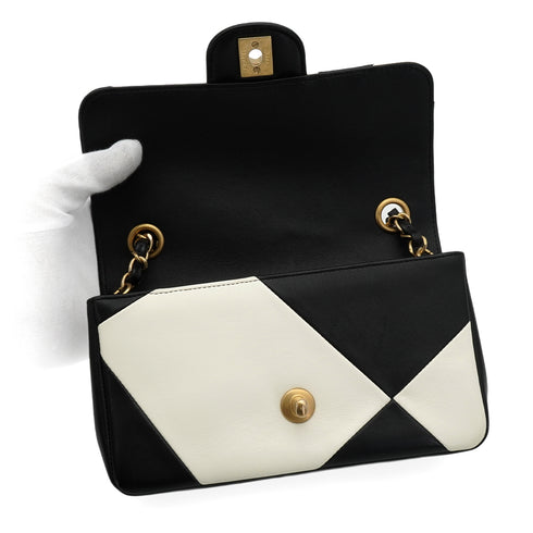 CHANEL TURNLOCK SHOULDER BAG BLACK WHITE LAMB SKIN GOLD HARDWARE 90343617