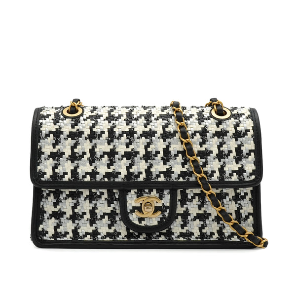 CHANEL TURN LOCK CHAIN SHOULDER BAG CAMBON HOUNDSTOOTH BLACK WHITE SILVER LEATHER GOLD HARDWARE 90340478
