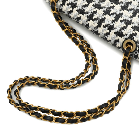 CHANEL TURN LOCK CHAIN SHOULDER BAG CAMBON HOUNDSTOOTH BLACK WHITE SILVER LEATHER GOLD HARDWARE 90340478