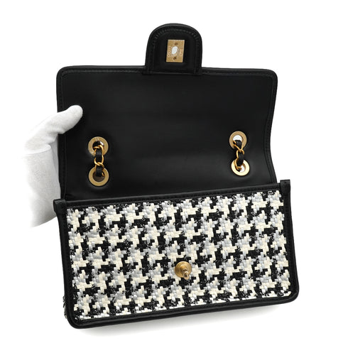 CHANEL TURN LOCK CHAIN SHOULDER BAG CAMBON HOUNDSTOOTH BLACK WHITE SILVER LEATHER GOLD HARDWARE 90340478