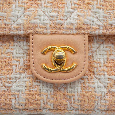 CHANEL MATELASSE CHAIN HAND SHOULDER BAG BEIGE TWEED GOLD HARDWARE 90332581
