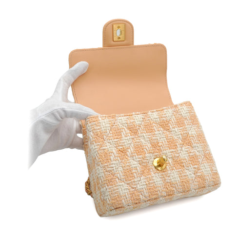 CHANEL MATELASSE CHAIN HAND SHOULDER BAG BEIGE TWEED GOLD HARDWARE 90332581