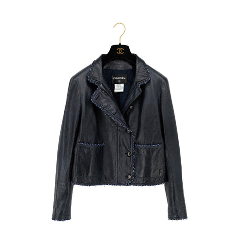 CHANEL TWEED LEATHER JACKET NAVY LAMB SKIN 40 P51 RTW 90313367