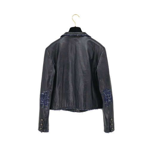 CHANEL TWEED LEATHER JACKET NAVY LAMB SKIN 40 P51 RTW 90313367