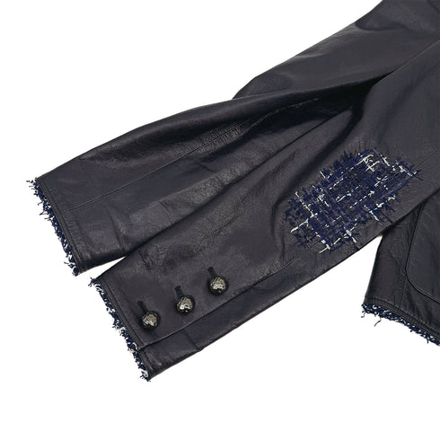 CHANEL TWEED LEATHER JACKET NAVY LAMB SKIN 40 P51 RTW 90313367