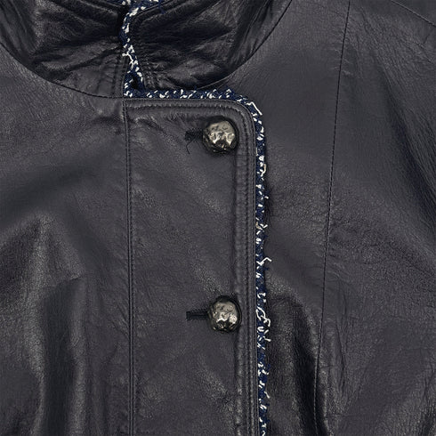 CHANEL TWEED LEATHER JACKET NAVY LAMB SKIN 40 P51 RTW 90313367