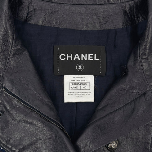 CHANEL TWEED LEATHER JACKET NAVY LAMB SKIN 40 P51 RTW 90313367