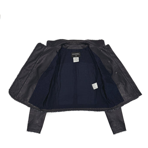 CHANEL TWEED LEATHER JACKET NAVY LAMB SKIN 40 P51 RTW 90313367