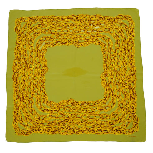 VINTAGE CHANEL SCARF CHAIN PATTERN LIGHT GREEN GOLD SILK 90335017
