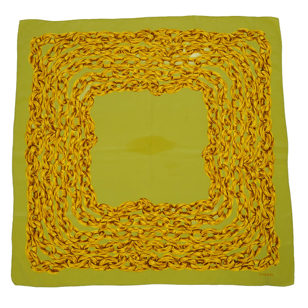 VINTAGE CHANEL SCARF CHAIN PATTERN LIGHT GREEN GOLD SILK 90335017