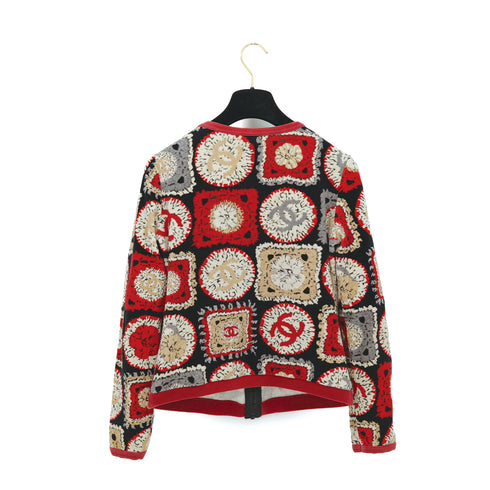 CHANEL VINTAGE COCOMARK FLEECE CARDIGAN RED BLACK BEIGE COTTON 38 09P RTW 90313370