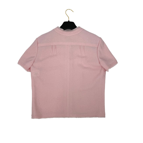 CHANEL VINTAGE COCO BUTTON TWEED HALF SLEEVE FRINGE TOPS LIGHT PINK WOOL 42 08C RTW 90311812