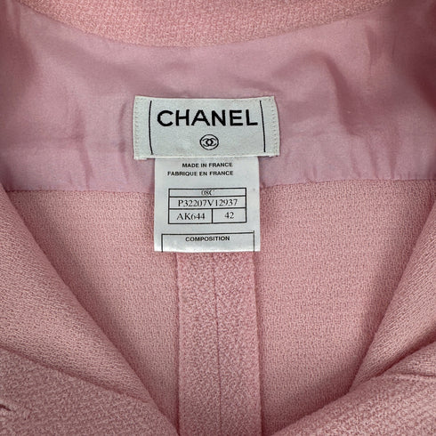CHANEL VINTAGE COCO BUTTON TWEED HALF SLEEVE FRINGE TOPS LIGHT PINK WOOL 42 08C RTW 90311812