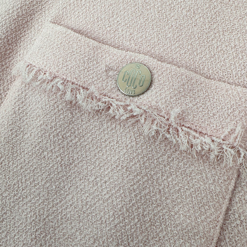 CHANEL VINTAGE COCO BUTTON TWEED HALF SLEEVE FRINGE TOPS LIGHT PINK WOOL 42 08C RTW 90311812