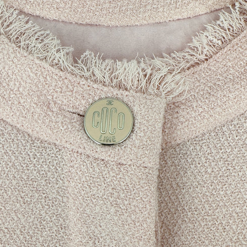 CHANEL VINTAGE COCO BUTTON TWEED HALF SLEEVE FRINGE TOPS LIGHT PINK WOOL 42 08C RTW 90311812