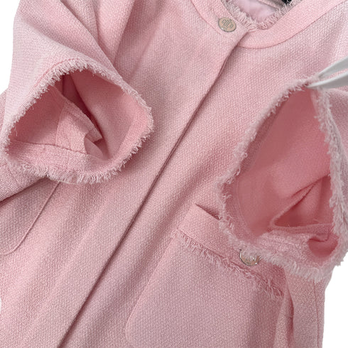 CHANEL VINTAGE COCO BUTTON TWEED HALF SLEEVE FRINGE TOPS LIGHT PINK WOOL 42 08C RTW 90311812