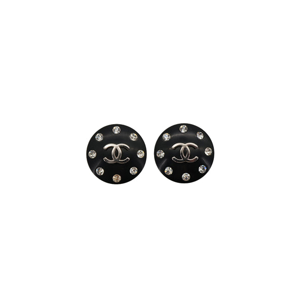 VINTAGE CHANEL EARRINGS COCOMARK ROUND RHINESTONE BLACK SILVER ACCESSORY 96P 90323140