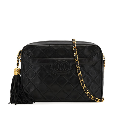 CHANEL VINTAGE MATELASSE FRINGE CHAIN SHOULDER BAG BLACK LAMB SKIN 90312507