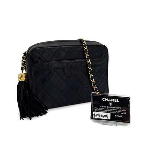CHANEL VINTAGE MATELASSE FRINGE CHAIN SHOULDER BAG BLACK LAMB SKIN 90312507