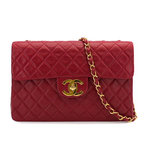 CHANEL VINTAGE MAXI MATELASSE 34 CHAIN SHOULDER BAG RED LAMB SKIN 90313554