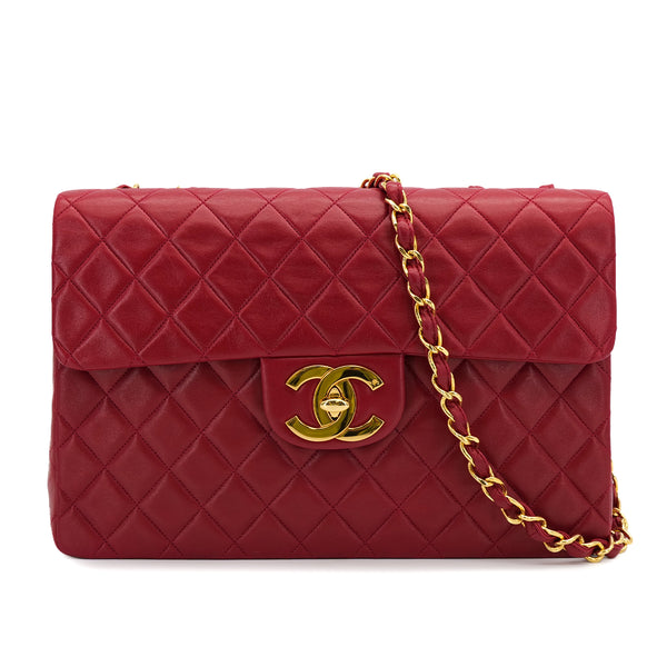 CHANEL VINTAGE MAXI MATELASSE 34 CHAIN SHOULDER BAG RED LAMB SKIN 90313554