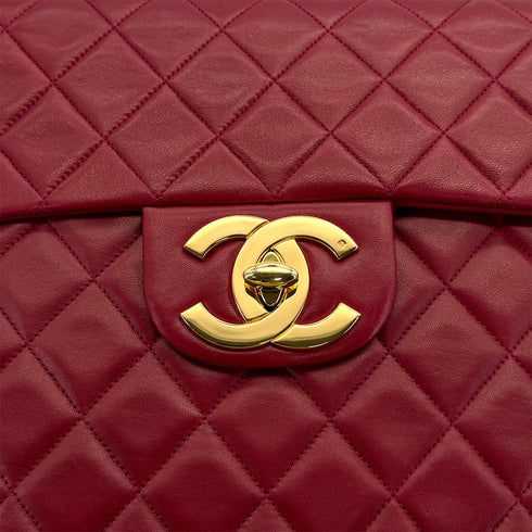 CHANEL VINTAGE MAXI MATELASSE 34 CHAIN SHOULDER BAG RED LAMB SKIN 90313554