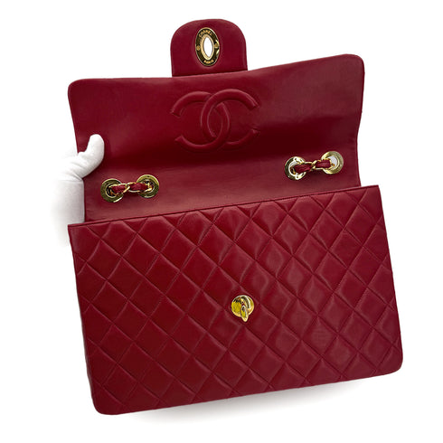 CHANEL VINTAGE MAXI MATELASSE 34 CHAIN SHOULDER BAG RED LAMB SKIN 90313554
