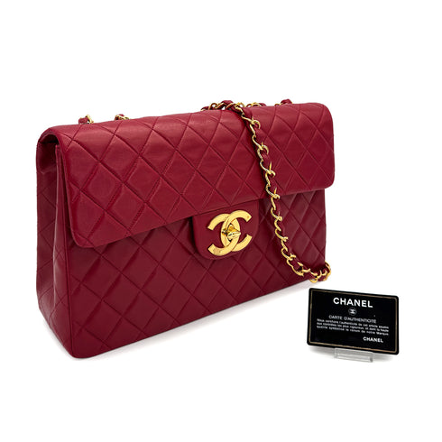 CHANEL VINTAGE MAXI MATELASSE 34 CHAIN SHOULDER BAG RED LAMB SKIN 90313554