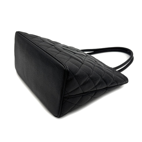 VINTAGE CHANEL MEDALLION MATELLASSE TOTE BAG BLACK CAVIAR SKIN SILVER HARDWARE 90314329
