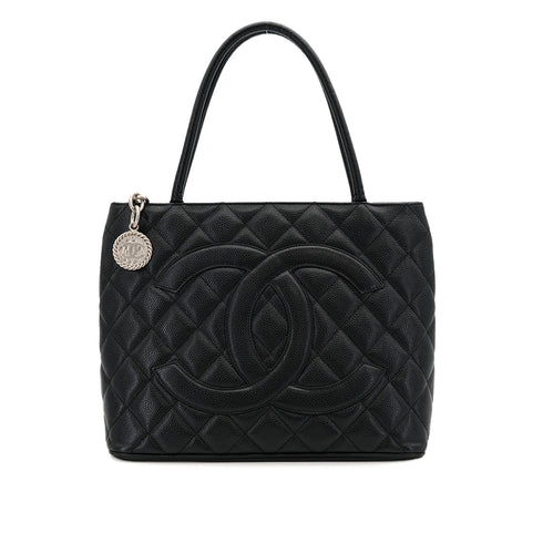 CHANEL VINTAGE MEDALLION TOTE BAG BLACK CAVIAR SKIN SILVER HARDWARE 90312616