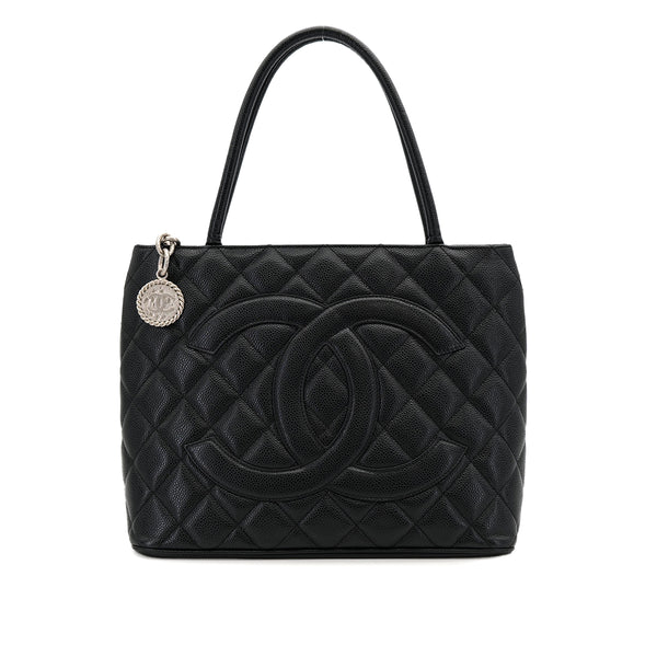 CHANEL VINTAGE MEDALLION TOTE BAG BLACK CAVIAR SKIN SILVER HARDWARE 90312616