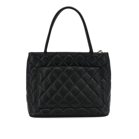 CHANEL VINTAGE MEDALLION TOTE BAG BLACK CAVIAR SKIN SILVER HARDWARE 90312616
