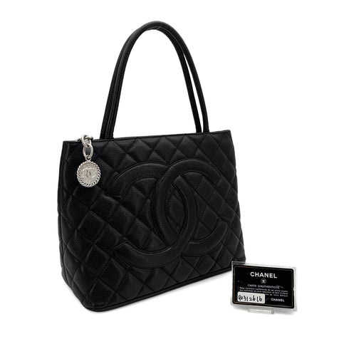 CHANEL VINTAGE MEDALLION TOTE BAG BLACK CAVIAR SKIN SILVER HARDWARE 90312616