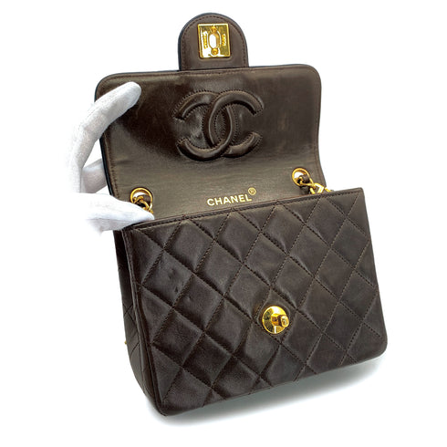 CHANEL VINTAGE MINI SQUARE 17 CHAIN SHOULDER BAG BROWN LAMB SKIN GOLD HARDWARE 90315025