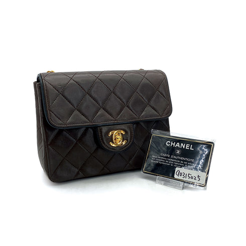 CHANEL VINTAGE MINI SQUARE 17 CHAIN SHOULDER BAG BROWN LAMB SKIN GOLD HARDWARE 90315025
