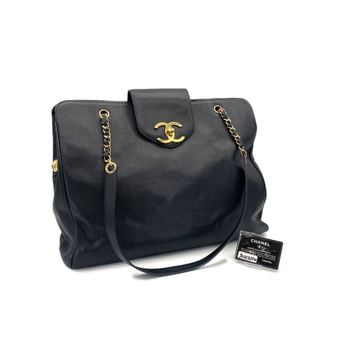 VINTAGE CHANEL SUPER MODEL CHAIN TOTE BAG BLACK CAVIAR SKIN GOLD HARDWARE 90313550