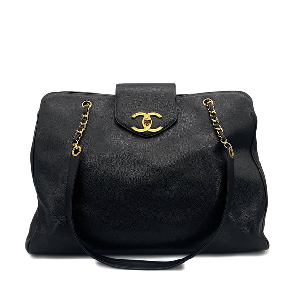 VINTAGE CHANEL SUPER MODEL CHAIN TOTE BAG BLACK CAVIAR SKIN GOLD HARDWARE 90313550