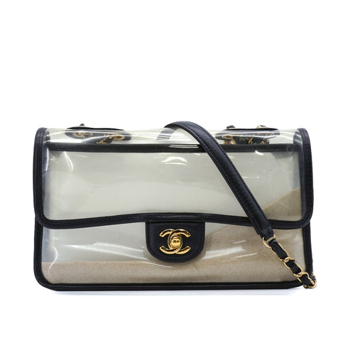 CHANEL SAND BY THE SEA CHAIN SHOULDER BAG BALCK CLEAR VINYL SAND LAMB SKIN GOLD HARDWARE 90341909