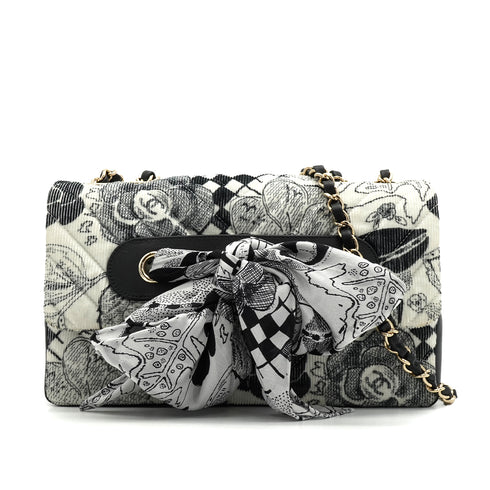 CHANEL CHEVRON V STITCH COCOMARK CAMELLIA CHAIN SHOULDER BAG WHITE BLACK CORDUROY GOLD HARDWARE 90340490