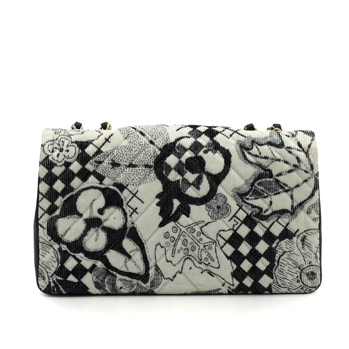 CHANEL CHEVRON V STITCH COCOMARK CAMELLIA CHAIN SHOULDER BAG WHITE BLACK CORDUROY GOLD HARDWARE 90340490