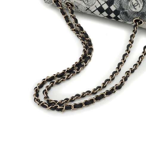 CHANEL CHEVRON V STITCH COCOMARK CAMELLIA CHAIN SHOULDER BAG WHITE BLACK CORDUROY GOLD HARDWARE 90340490