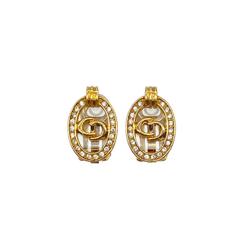 CHRISTIAN DIOR EARRINGS CD LOGO RHINESTONE GOLD ACCESSORY 90322179