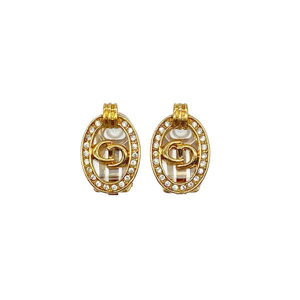 CHRISTIAN DIOR EARRINGS CD LOGO RHINESTONE GOLD ACCESSORY 90322179