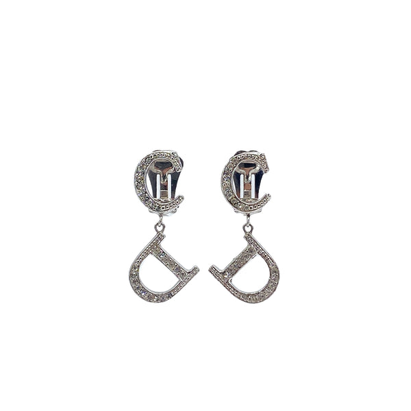CHRISTIAN DIOR EARRINGS CD LOGO RHINESTONE SWING SILVER ACCESSORY 90326696