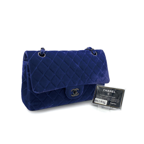 CHANEL CLASSIC FLAP MEDIUM CHAIN SHOULDER BAG BLUE VELOR BLACK HARDWARE 90311836
