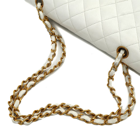 VINTAGE CHANEL CLASSIC FLAP MEDIUM CHAIN SHOULDER BAG WHITE LAMB SKIN GOLD HARDWARE 90334505