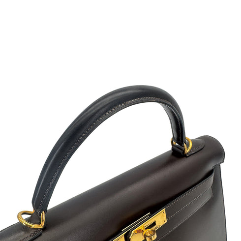 HERMES KELLY 32 SELLIER CHOCOLAT BOXCALF HAND SHOULDER BAG 2000 SQUARE D GOLD HARDWARE 90311267