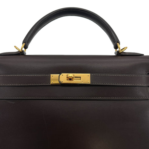 HERMES KELLY 32 SELLIER CHOCOLAT BOXCALF HAND SHOULDER BAG 2000 SQUARE D GOLD HARDWARE 90311267