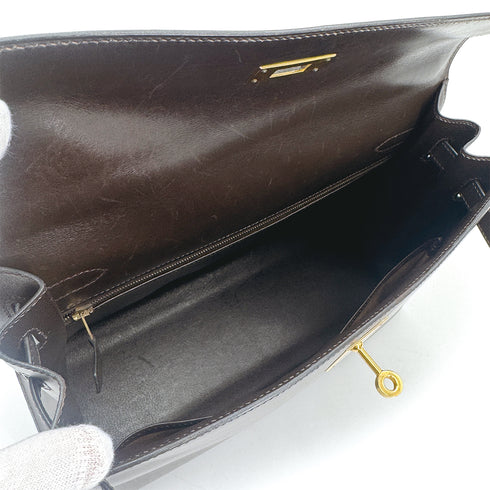 HERMES KELLY 32 SELLIER CHOCOLAT BOXCALF HAND SHOULDER BAG 2000 SQUARE D GOLD HARDWARE 90311267